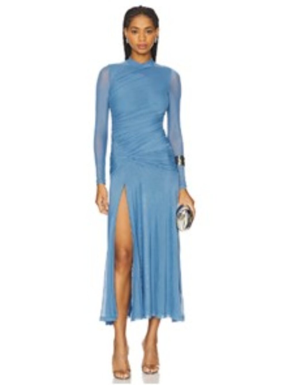 Dusty Blue Ruched Mesh Long Sleeve Midi Dress